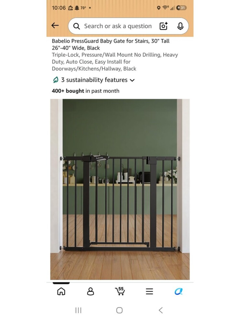 Babelio Pressure-Mounted Baby Gate for Stairs and Doorways, 30" Tall, Black